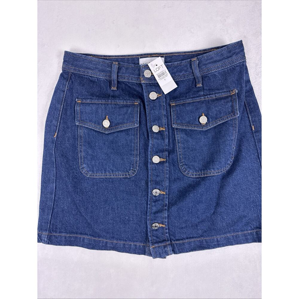 LOFT Denim Mini Skirt Women Size 6 NWT Button Front Jean Skirt Pockets 17” Blue